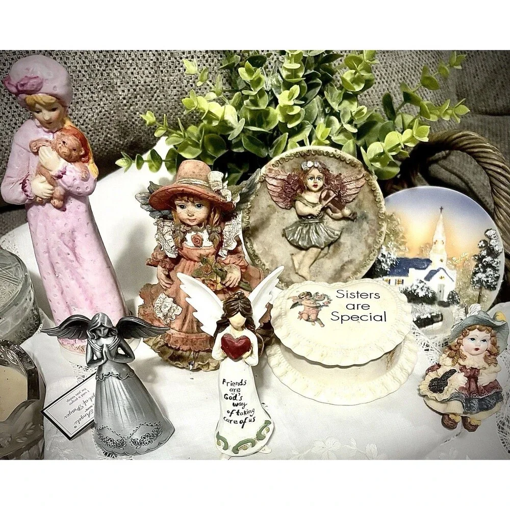 Vintage Angel Figurine Lot Girls Trinket Box Plate Cottagecore Decor Shabby Chic
